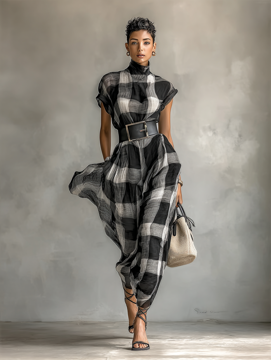 Maxi Chiffon Check Dress with High Neck and Short Sleeves