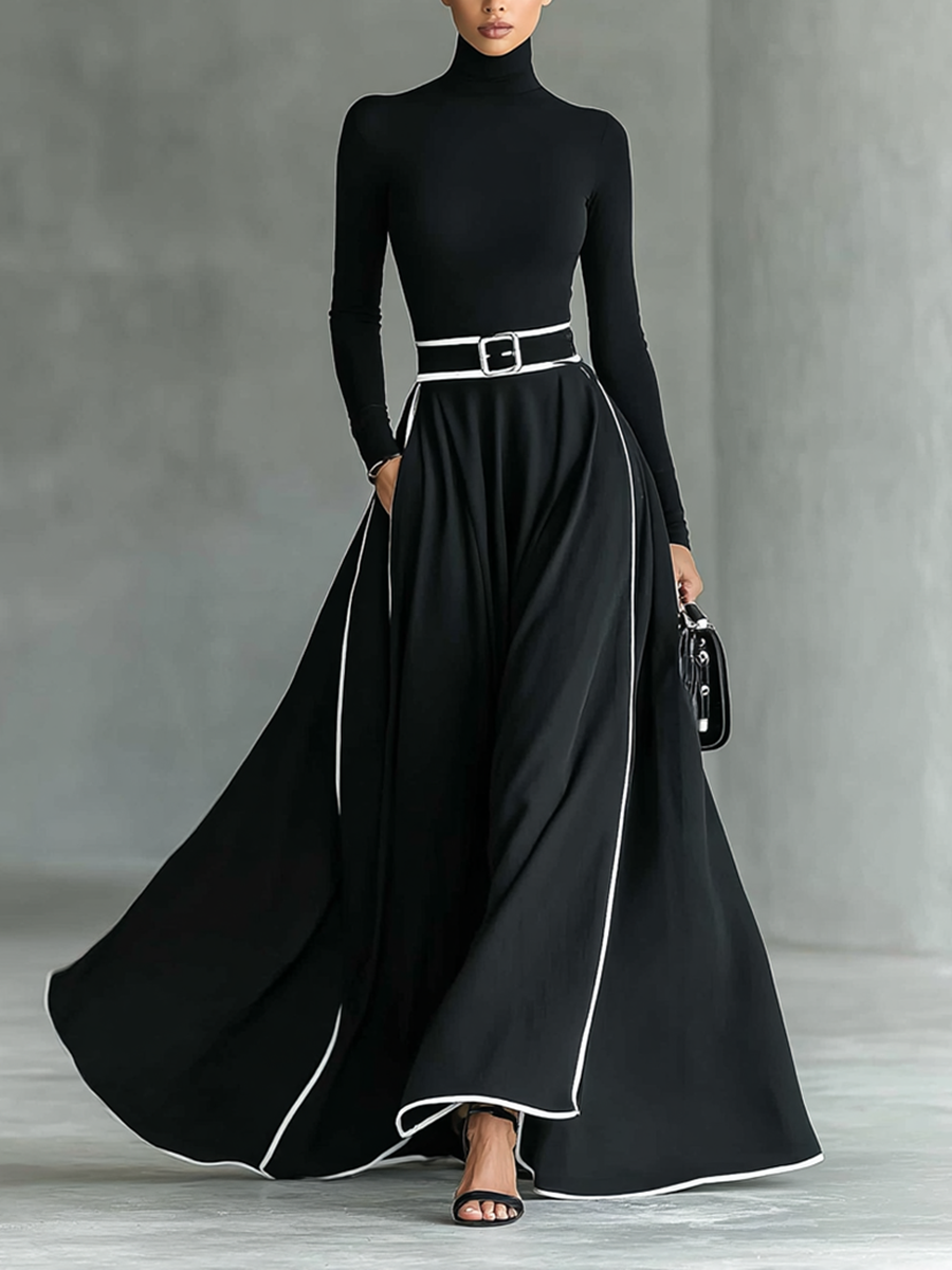 Black Maxi Dress – High Neck, Long Sleeves & White Stitch Detail