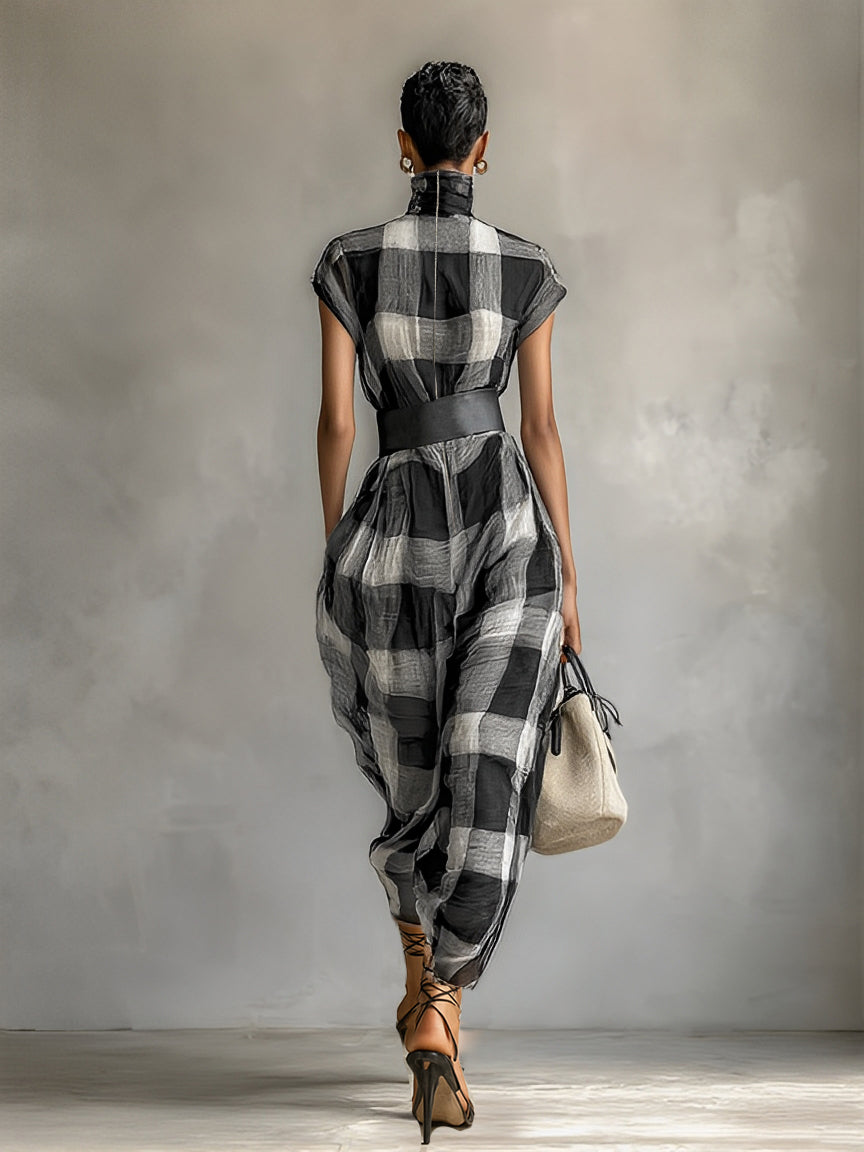 Maxi Chiffon Check Dress with High Neck and Short Sleeves