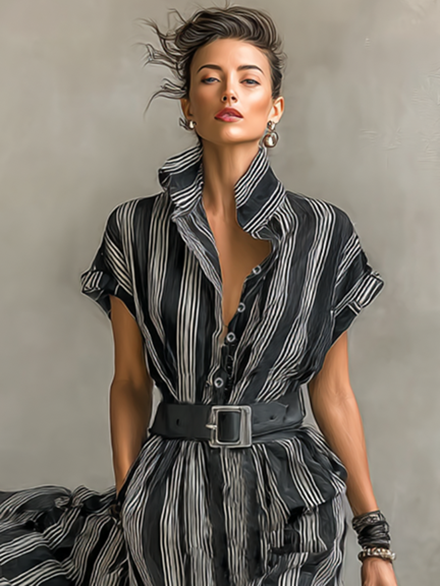 Women’s Striped Chiffon Maxi Dress – Collared, Short Sleeves & Belt