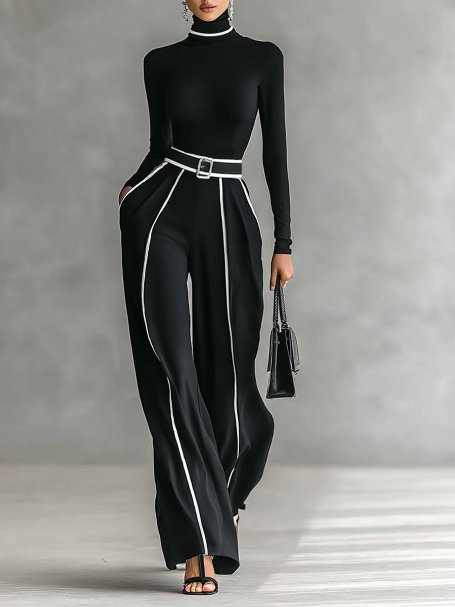 Women’s Two-Piece Set – High-Neck Top & Wide-Leg Pants with Belt