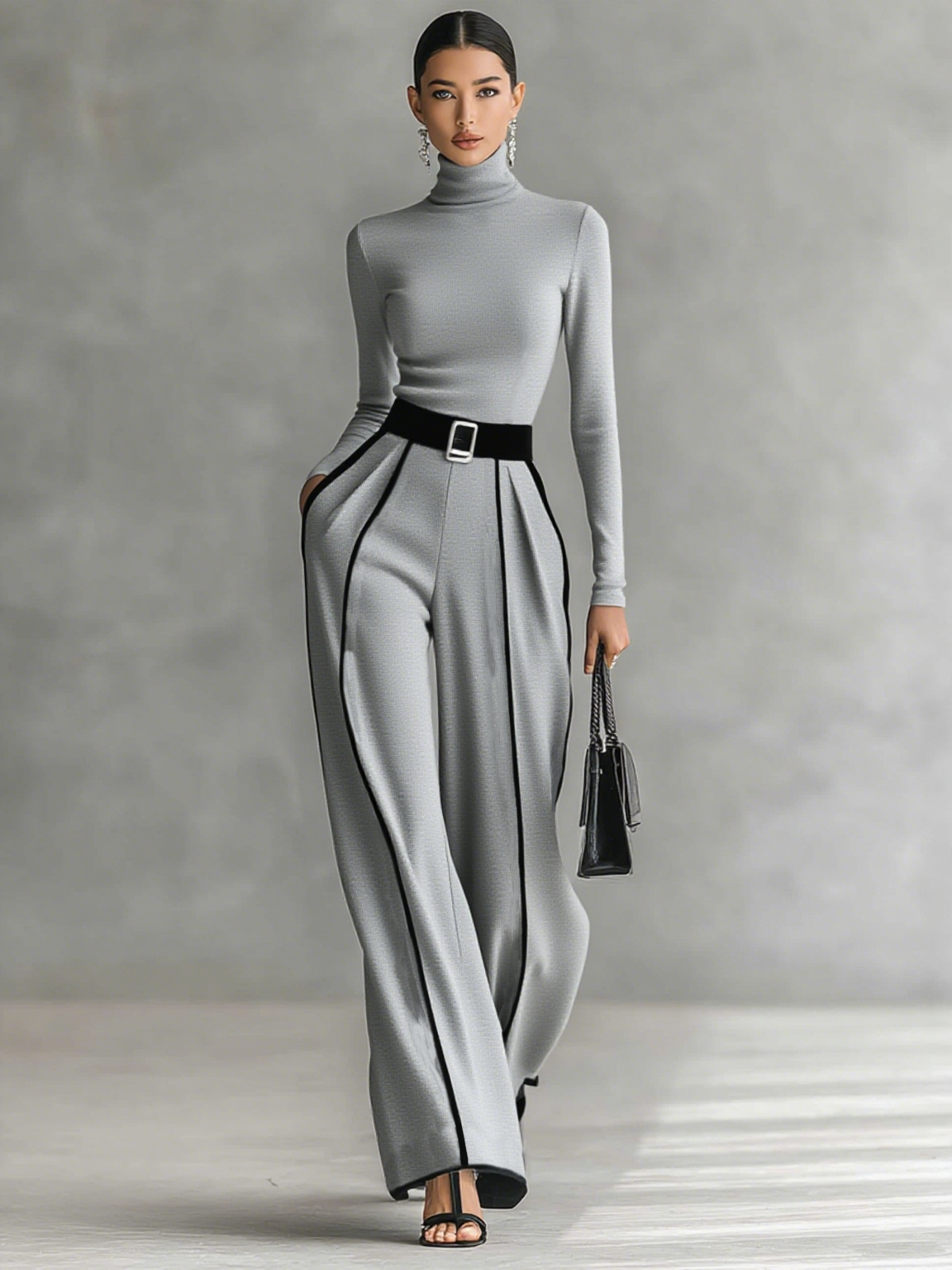 Women’s Two-Piece Set – High-Neck Top & Wide-Leg Pants with Belt