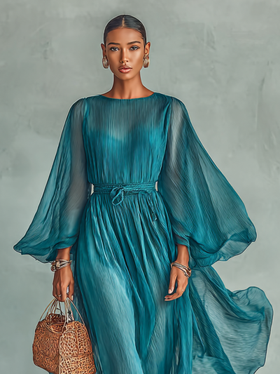 Women’s Chiffon Maxi Dress – Round Neck, Long Sleeves & Adjustable Waist