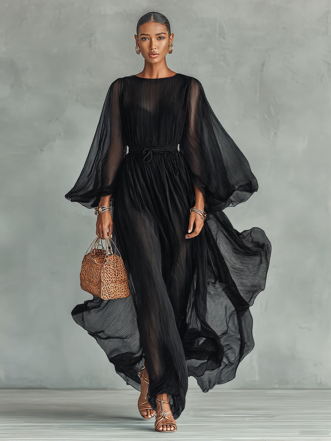 Women’s Chiffon Maxi Dress – Round Neck, Long Sleeves & Adjustable Waist