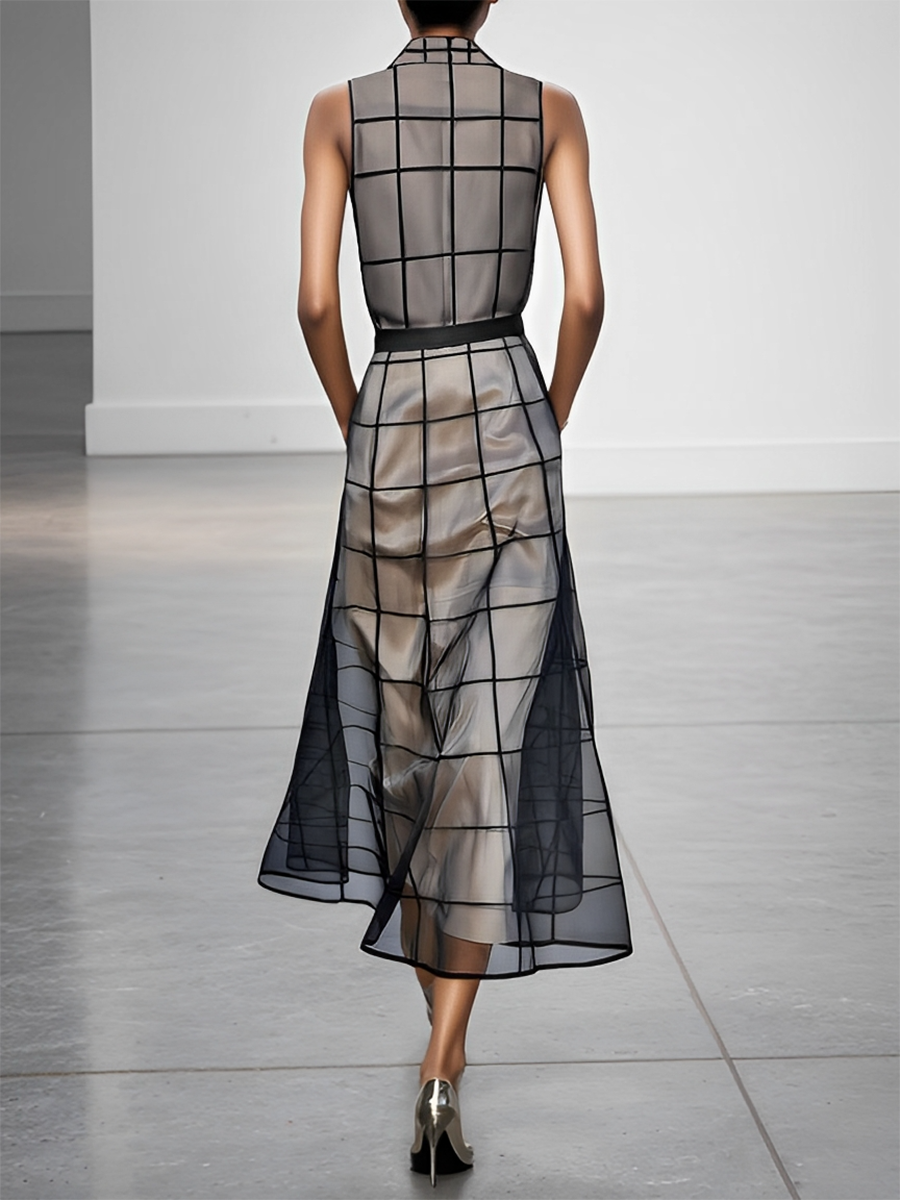 Maxi Sleeveless Dress in Check Tulle with Collar and Belt