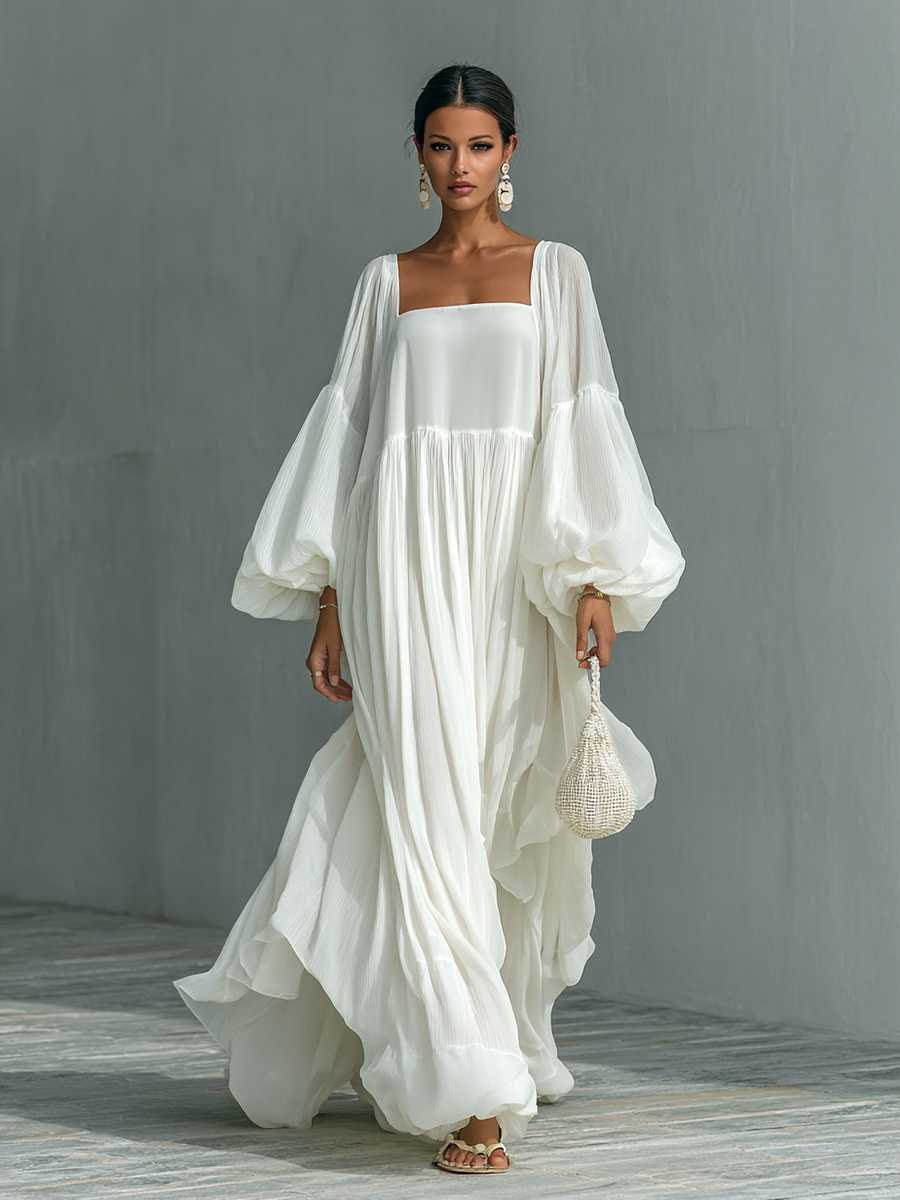 Maxi Pleated Dress with Lantern Sleeves and Notched Collar