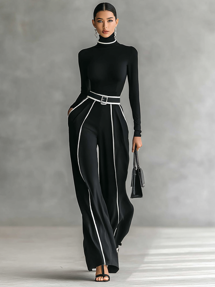 Women’s Two-Piece Set – High-Neck Top & Wide-Leg Pants with Belt