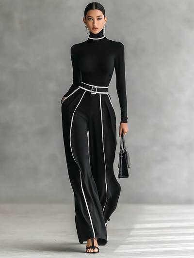 Women’s Two-Piece Set – High-Neck Top & Wide-Leg Pants with Belt