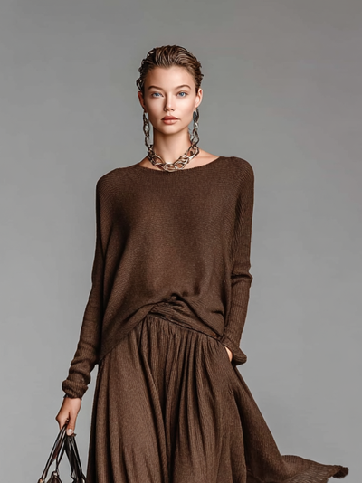 Skirt and Knit Crew Neck Sweater Set
