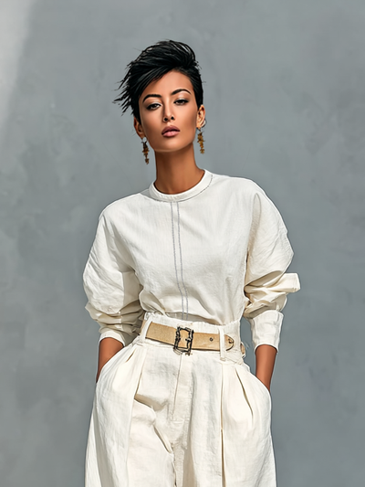 Long Sleeve Shirt and Wide Pants Set in Cotton and Linen