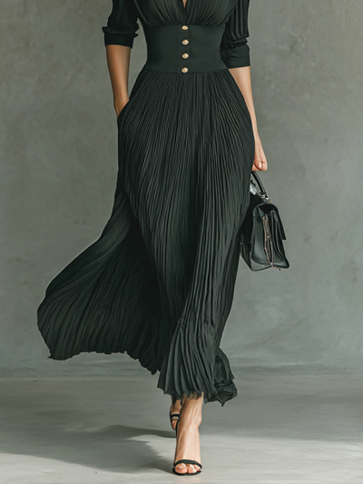 Long Maxi Dress with Long Sleeves, Notched Collar and Pleats