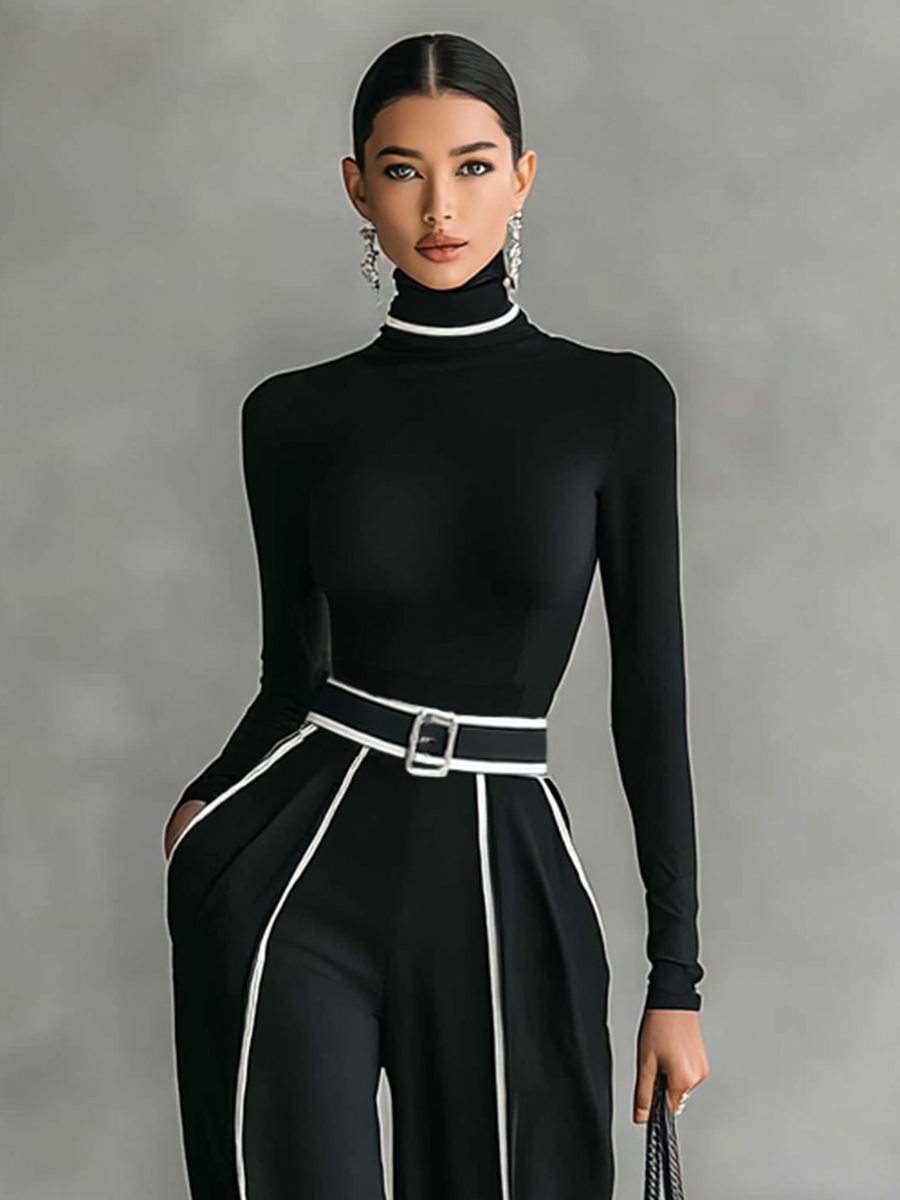 Women’s Two-Piece Set – High-Neck Top & Wide-Leg Pants with Belt