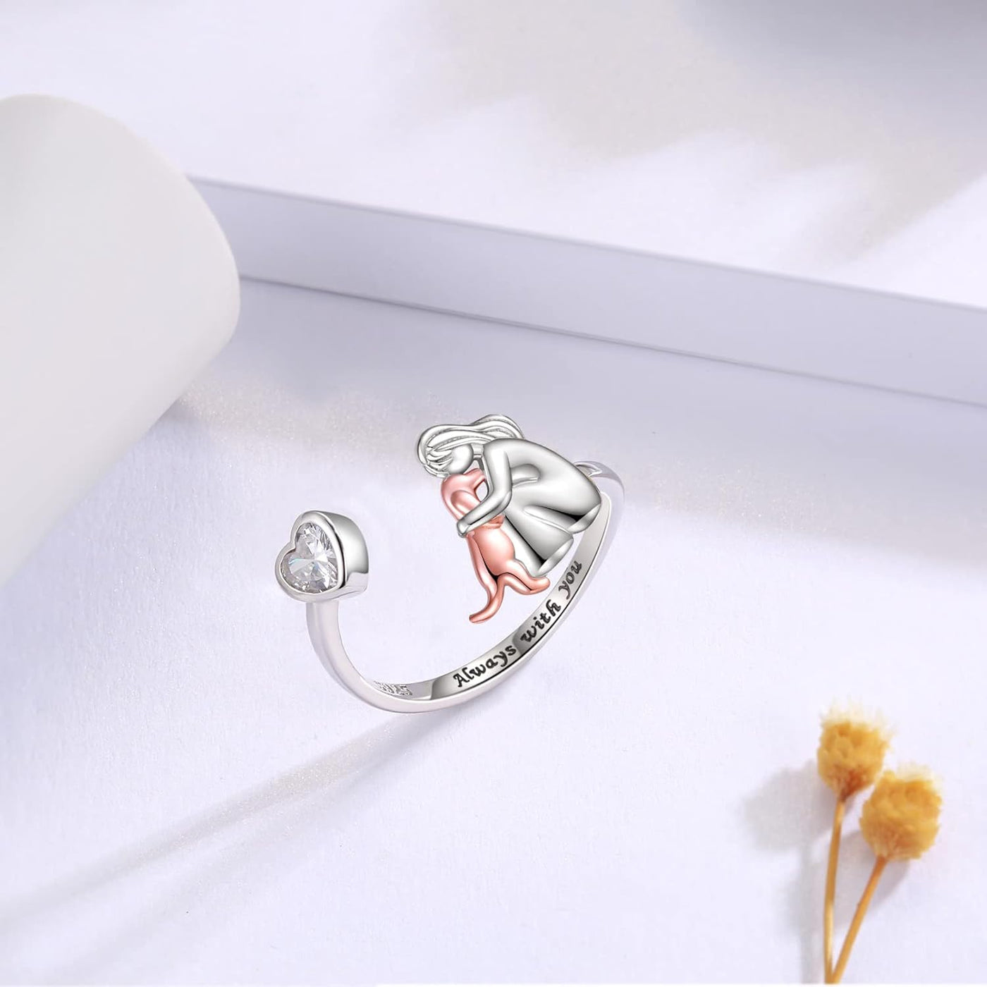 Adjustable Dog Ring in Silver – “Always in My Heart” with Zirconia