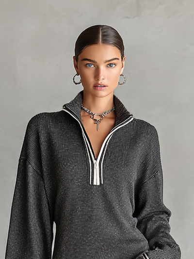 Wide Knit Mini Dress with Polo Collar and Zip