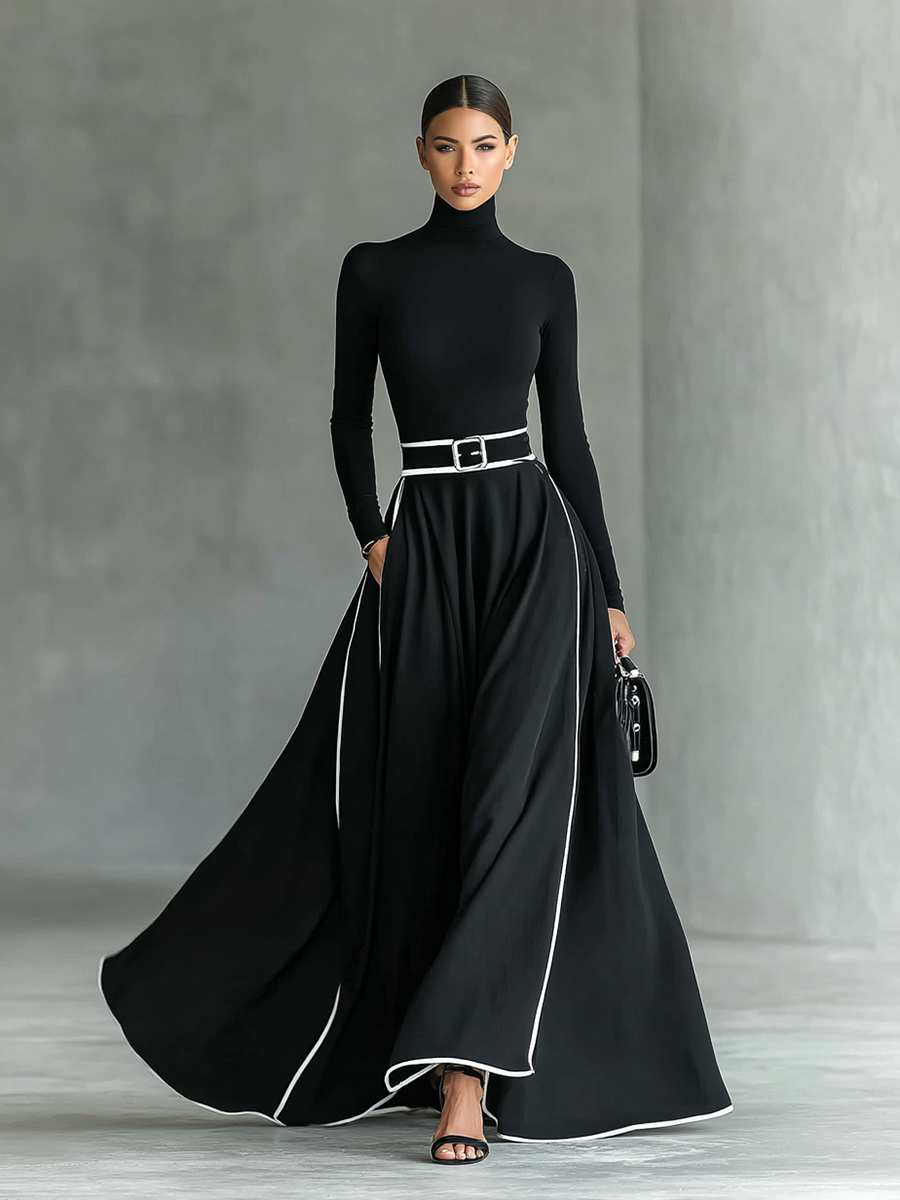 Black Maxi Dress – High Neck, Long Sleeves & White Stitch Detail