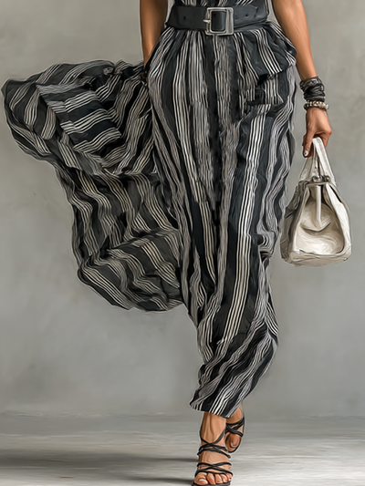 Women’s Striped Chiffon Maxi Dress – Collared, Short Sleeves & Belt