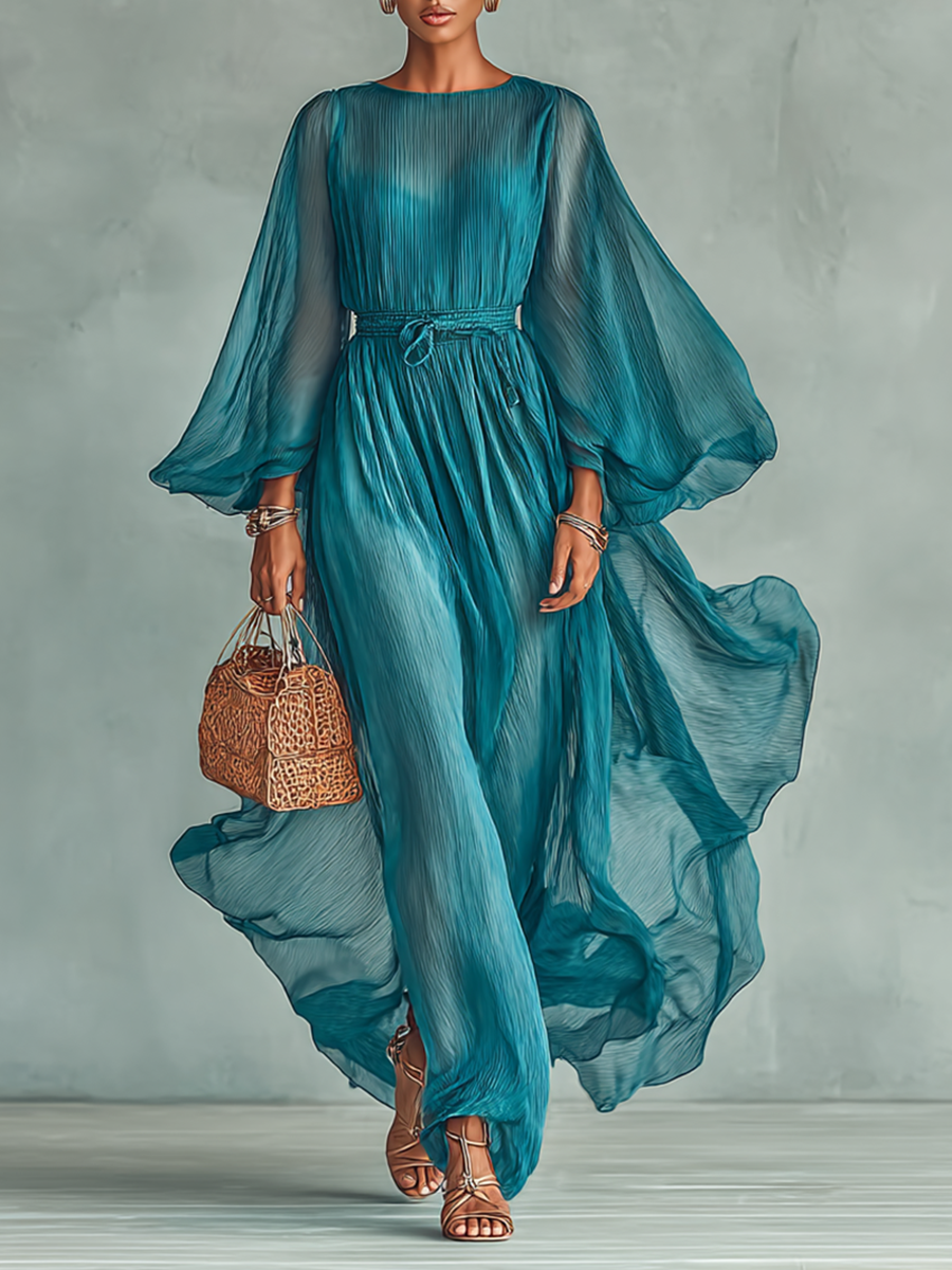 Women’s Chiffon Maxi Dress – Round Neck, Long Sleeves & Adjustable Waist