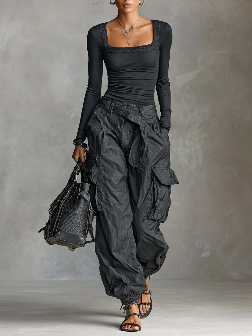 Two-Piece Cargo Set – Square Neck Top & Pants