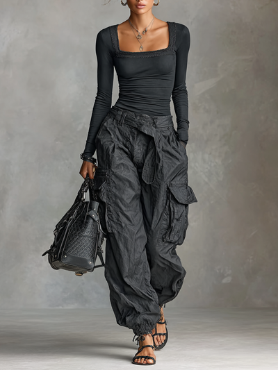 Two-Piece Cargo Set – Square Neck Top & Pants
