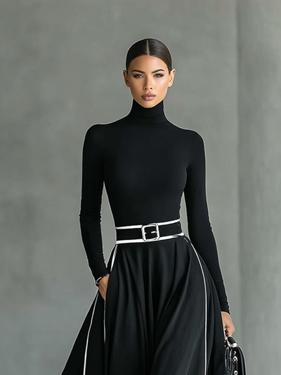 Black Maxi Dress – High Neck, Long Sleeves & White Stitch Detail