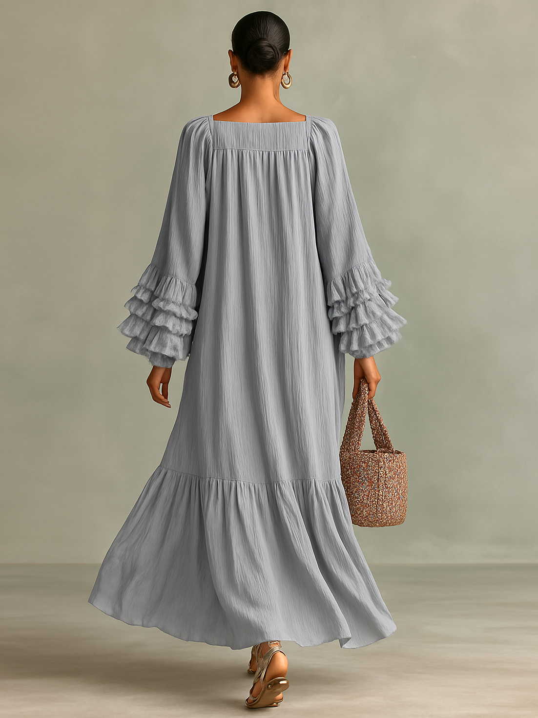 Women’s Pleated Chiffon Maxi Dress – Long Sleeves & Ruffles