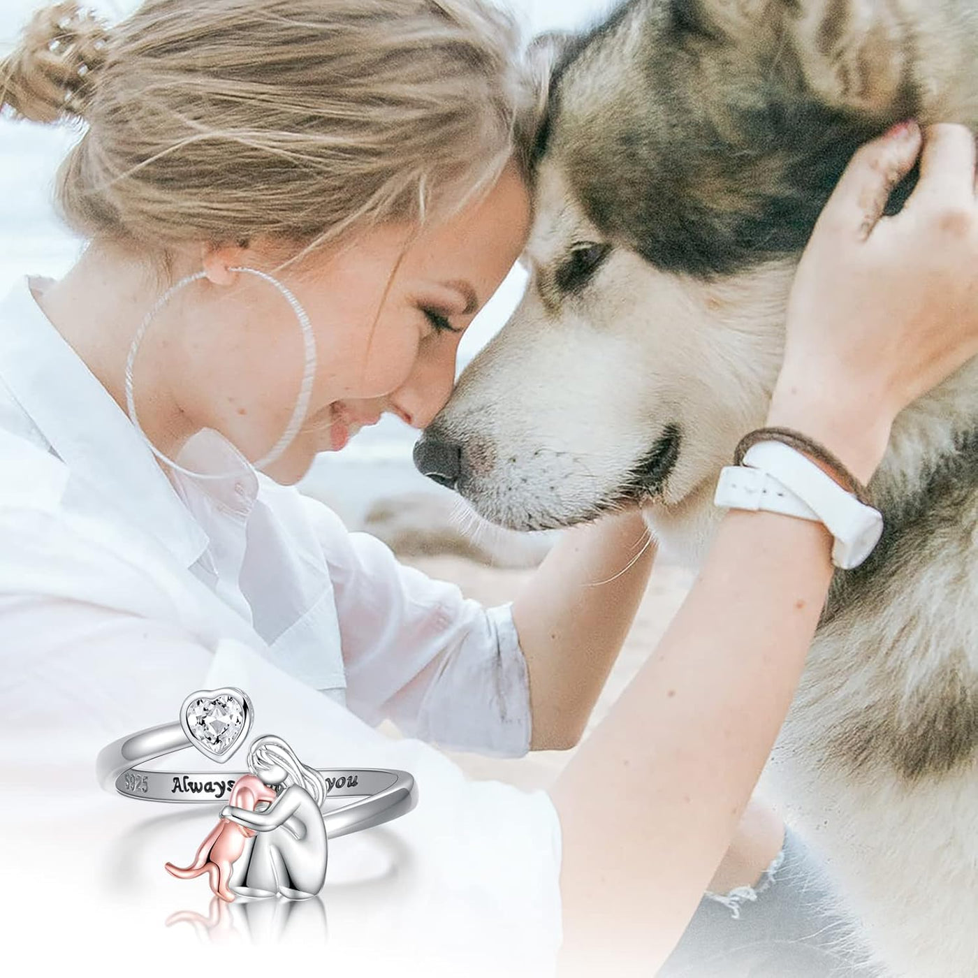 Adjustable Dog Ring in Silver – “Always in My Heart” with Zirconia