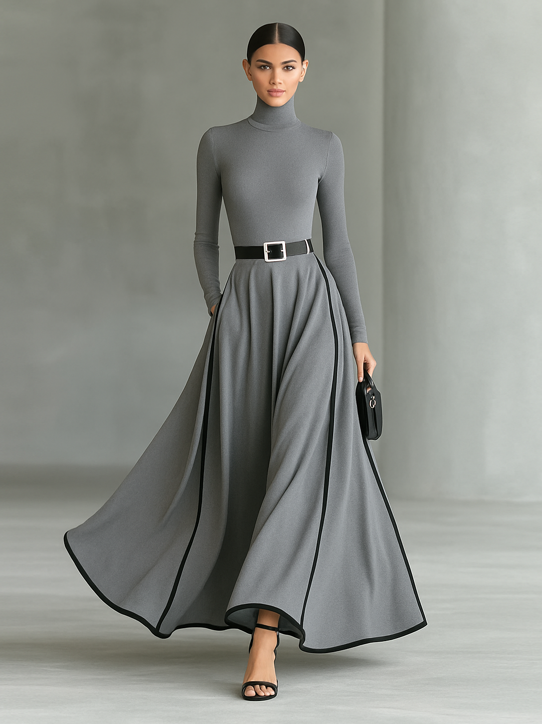 Black Maxi Dress – High Neck, Long Sleeves & White Stitch Detail