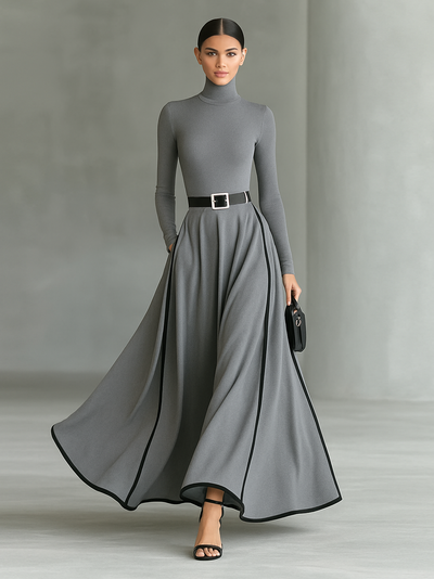 Black Maxi Dress – High Neck, Long Sleeves & White Stitch Detail