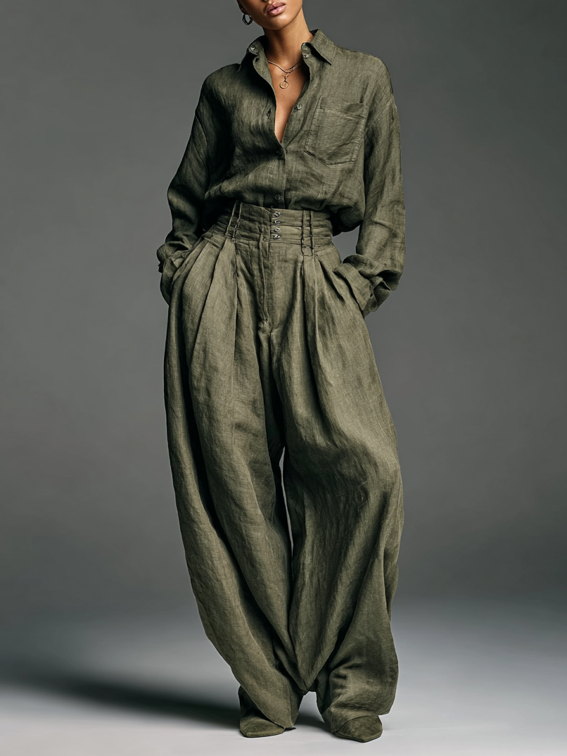 Women’s Two-Piece Cotton Linen Set – Long Sleeve Shirt & Wide-Leg Pants
