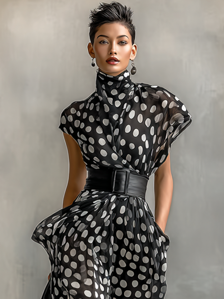 Maxi Chiffon Dress with Polka Dot Print and High Neck
