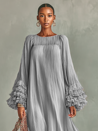 Women’s Pleated Chiffon Maxi Dress – Long Sleeves & Ruffles