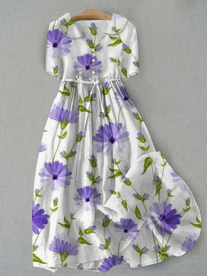 Börta™ I Retro Lace-Up Tailored Midi Dress with Half-Length Sleeves and Floral Pattern