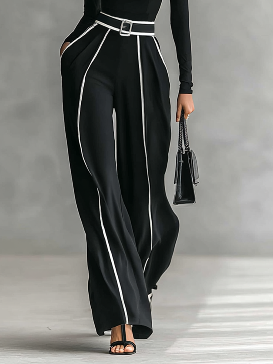Women’s Two-Piece Set – High-Neck Top & Wide-Leg Pants with Belt