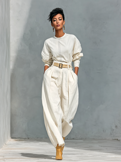 Long Sleeve Shirt and Wide Pants Set in Cotton and Linen