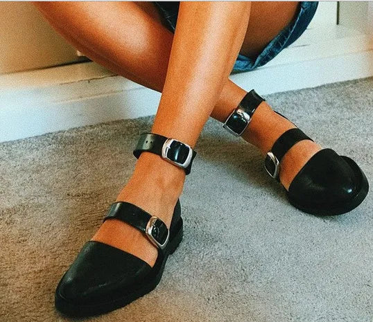 TALIA – Flat Leather Shoes with Ankle Straps
