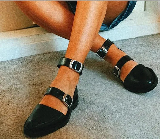 TALIA – Flat Leather Shoes with Ankle Straps