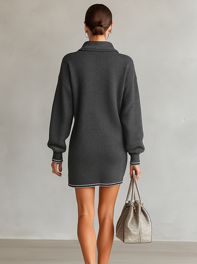 Wide Knit Mini Dress with Polo Collar and Zip