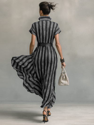 Women’s Striped Chiffon Maxi Dress – Collared, Short Sleeves & Belt