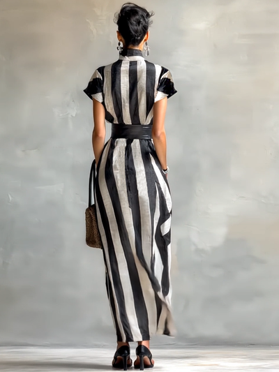 Maxi Chiffon Dress with High Neck and Short Sleeves