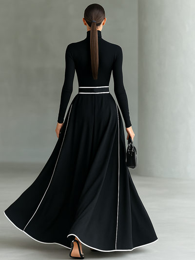 Black Maxi Dress – High Neck, Long Sleeves & White Stitch Detail