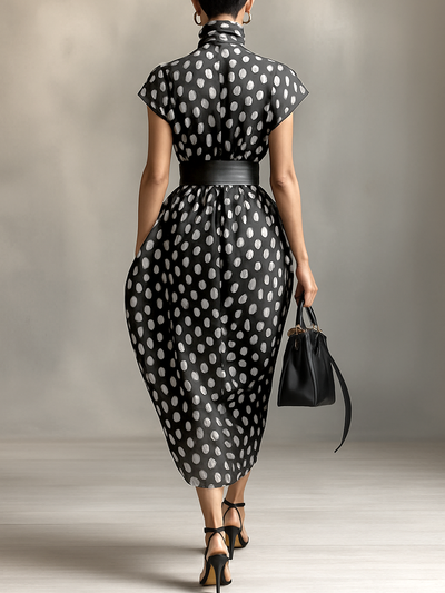 Maxi Chiffon Dress with Polka Dot Print and High Neck