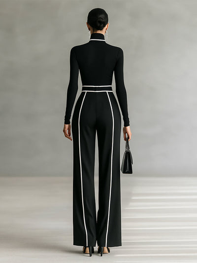 Women’s Two-Piece Set – High-Neck Top & Wide-Leg Pants with Belt