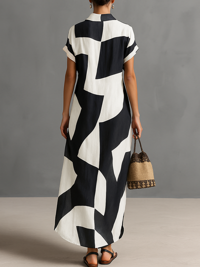Women’s Chiffon Maxi Shirt Dress – Geometric Print, Notched Collar & Short Sleeves
