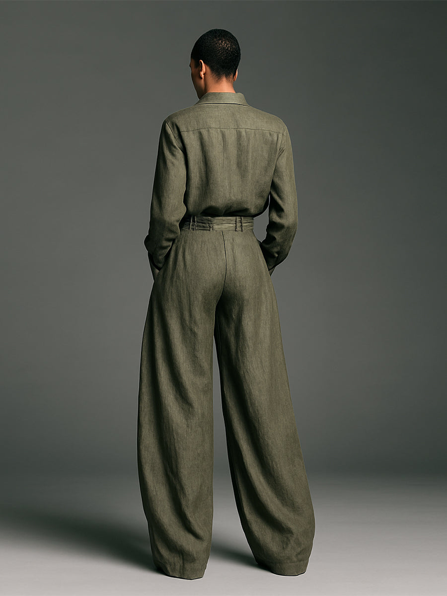Women’s Two-Piece Cotton Linen Set – Long Sleeve Shirt & Wide-Leg Pants