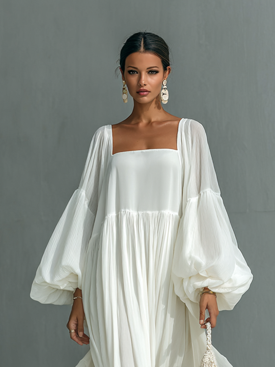 Maxi Pleated Dress with Lantern Sleeves and Notched Collar