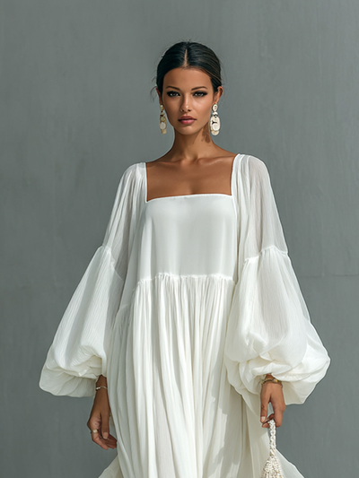 Maxi Pleated Dress with Lantern Sleeves and Notched Collar