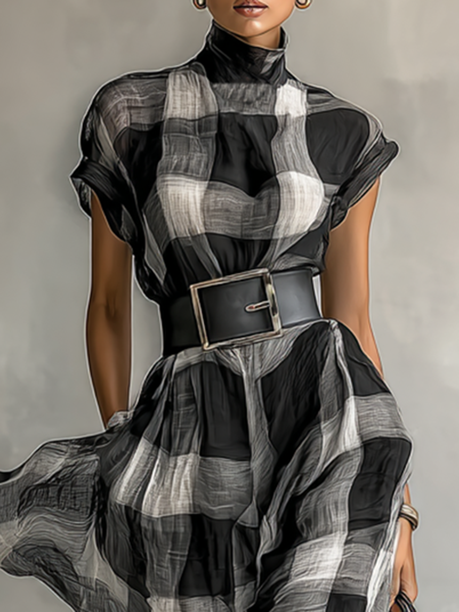 Maxi Chiffon Check Dress with High Neck and Short Sleeves