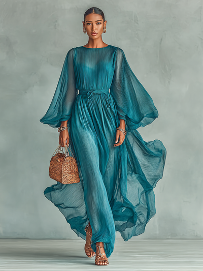 Women’s Chiffon Maxi Dress – Round Neck, Long Sleeves & Adjustable Waist