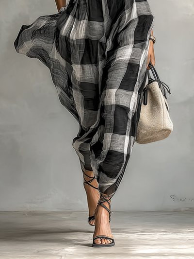 Maxi Chiffon Check Dress with High Neck and Short Sleeves