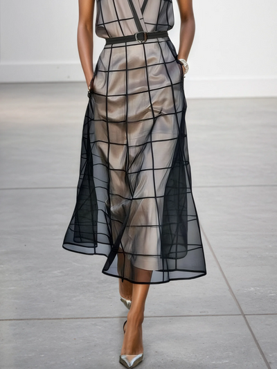 Maxi Sleeveless Dress in Check Tulle with Collar and Belt